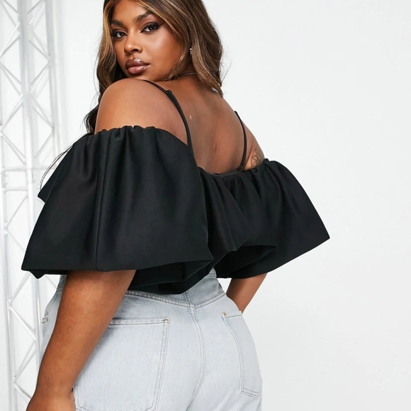 ASOS DESIGN Curve scuba off-shoulder top w exaggerated sleeve, Black, 14 - Picture 2 of 4